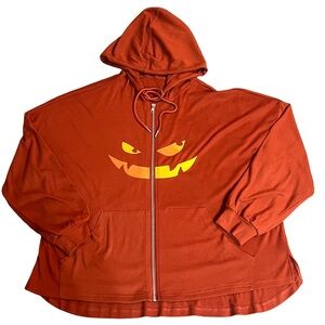 Spooky Jack O Lantern Face Halloween Women Zip-up Jacket w Hood-oversized